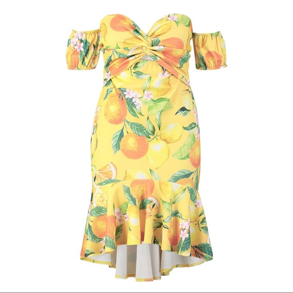NWT Boohoo Lemon Printed Bardot Ruffle Midi Dress Size 16 - Picture 4 of 4